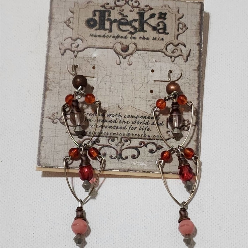 TRESKA Red Pink beaded dangle chandelier earrings‎